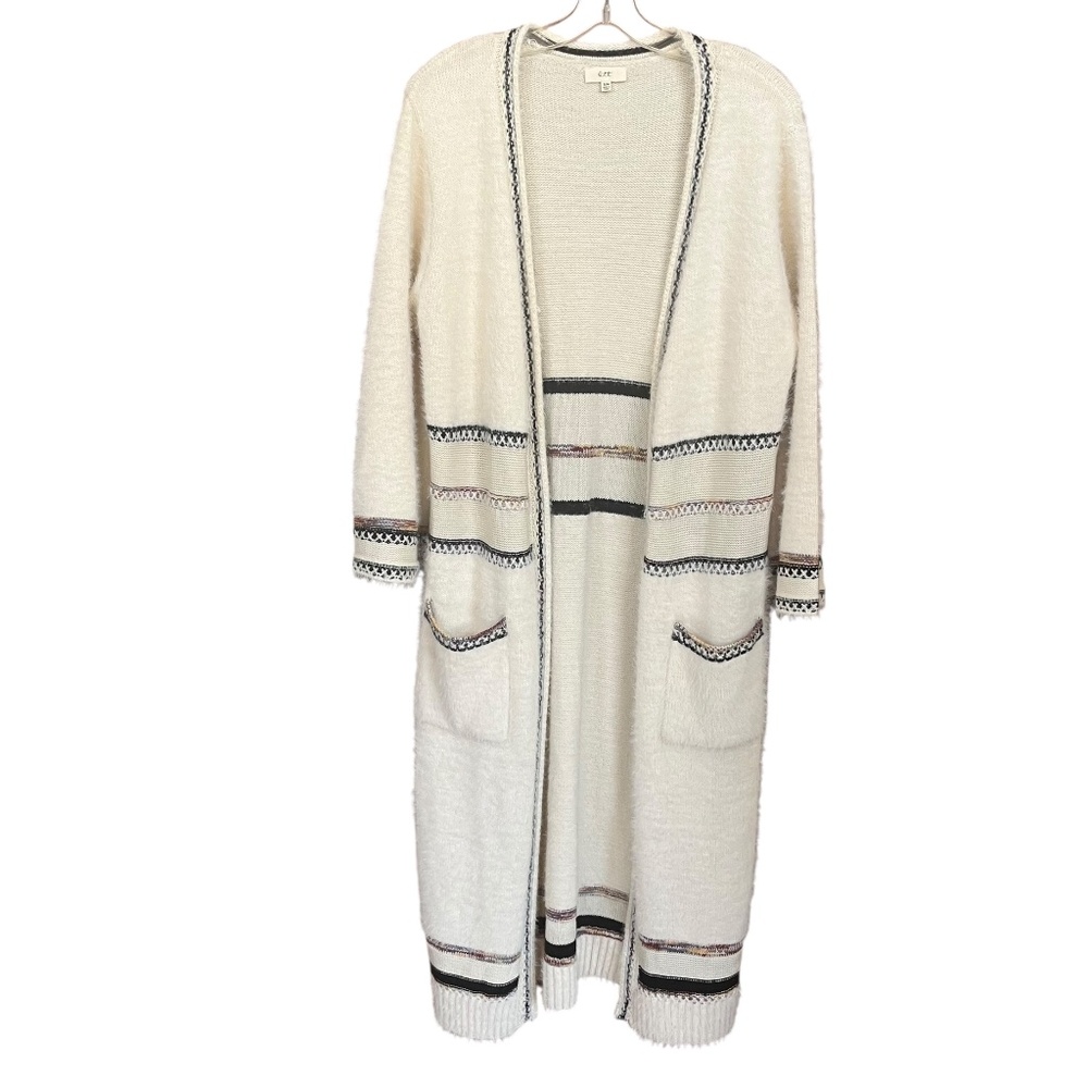 OTT Cream Boho Fuzzy Sweater Knit Open Front Longline Cardigan Duster Size S/M